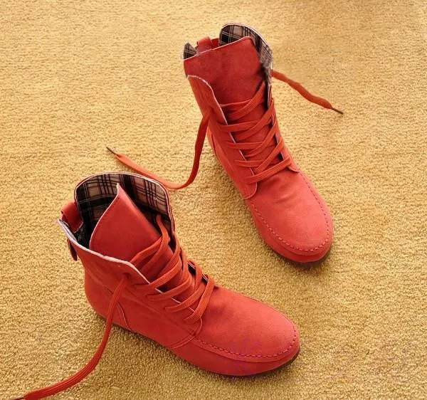 Winter Solid Color Lace Up Flat Short Boots with Cotton